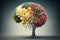 Human brain tree with the fruits, concept of Neuroplasticity and Mind mapping, created with Generative AI technology