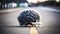 Human brain visualizing a bike helmet on an asphalt road, symbolizing safety and protection while cycling