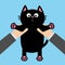 Human businessman hand holding black cat Funny face, paw print, mustaches. Cute cartoon character. Kawaii animal. Adoption helping