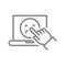 Human chooses laptop a negative face line icon. Sad face on screen, customer dissatisfaction, negative feedback symbol.