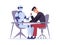 Human competing with robot in arm wrestling. Man versus artificial intelligence, confrontation sitting at table