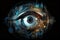 Human cyborg eye merged with computer elements, augmented reality metaphor. Generative AI illustration