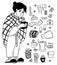 Human disease collection. Sick woman wrapped in blanket with cup of hot tea. Near pills, scarf, jam, kettle, mulled wine