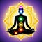Human energy body, aura, chakra in meditation. Meditating human in lotus pose. Yoga illustration, human practicing yoga..