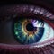 Human eye close up. Blue, cyan, brown, yellow colors. Long black lashes. AI generative art