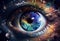 Human eye close up with reflection of the starry sky and infinity. AI Generated