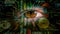 Human eye with radial techno rays looks through thee circuit board