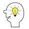 Human face icon. Black line silhouette. Idea light bulb in the head inside brain. Shining effect. Thinking process. Yellow switch