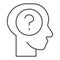 Human face with question thin line icon. Man head silhouette and question inside outline style pictogram on white