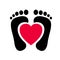 Human feet black silhouette heart shape centered vector. Footprint with toes icon.