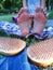 human feet after standing on yoga nail desk sadhu closeup photo on green grass background