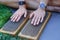 human feet after standing on yoga nail desk sadhu closeup photo on green grass background