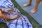 human feet after standing on yoga nail desk sadhu closeup photo on green grass background