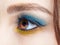 Human female eye with blue smoky eyes shadows and yellow liner