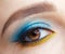 Human female eye with blue smoky eyes shadows and yellow liner