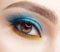 Human female eye with blue smoky eyes shadows and yellow liner