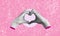 Human female hands, depicting a heart shape, on a pink background. Feelings and emotions