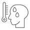 Human with fever thin line icon. Man head with high temperature on thermometer outline style pictogram on white