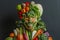 A human figure crafted from a colorful array of fruits and vegetables symbolizes the rich harvest, abundance, and the