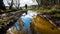 Human figure on off-road track. Tree mirroring in water close-up