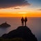 a human figures stand atop a mountain peak, gazing out at the distant sky which was surrounded by a sea of clouds.