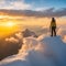 a human figures stand atop a mountain peak, gazing out at the distant sky which was surrounded by a sea of clouds.