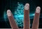 Human fingers scanning over biometric scanner against cyber security data processing