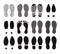 Human footprints. Different silhouettes steps soles boots, sneakers, set icons on white background