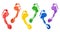 Human footprints LGBTQ community rainbow flag colors white background isolated, foot print diversity, LGBT people pride symbol