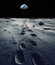 Human footprints on lunar surface with Earth glowing brightly above on black starry sky. Generative AI