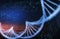 Human genome research. Illustration with DNA double spiral molecule over dark blue background, blank space