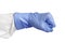 A human hand clench fist in a blue medical glove