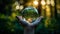 Human Hand Delicately Holding Transparent Globe, Symbolizing Environmental Conservation. ESG Earthday Concept. Generative Ai