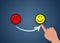 Human hand drawing An Arrow to make a sad emoji happy. emotion Change Concept of Customer satisfaction sad to happy and state of