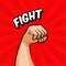 The human hand, the fist is raised up agitating the fight. The struggle for rights, political views. Red background