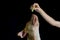 Human hand giving treat to brown Pit bull dog on black background