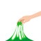 Human hand hold slime. Mucus kids toy, sticky slimy colorful green funny squesse, jelly glue liquid substance, tencion