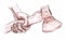 Human hand holding an axe closeup - drawn pastel pencil graphic artistic illustration on paper