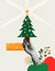 Human hand holding Christmas tree in halftone collage retro collage style illustration