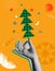 Human hand holding a Christmas tree pine in halftone collage retro style illustration