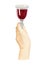 Human hand holding glass of red wine template watercolor illustration. Realistic clipart for drinks and beverages design