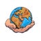 Human hand holding globe. Earth in mans palm. Save planet idea. Travel icon. Power over the world concept