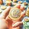 Human hand holding golden euro symbol and various coins on blurred background