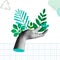 Human hand holding green plants in retro collage illustration