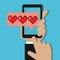 Human hand holding mobile phone notification with pixel heart in a speech bubble