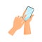 Human hand holding mobile phone and touching screen with finger. Digital device. Modern gadget. Flat vector icon