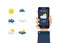 Human Hand Holding Smartphone with Weather Forecast Application, Sun, Clouds, Thunderstorm, Night and Day Design