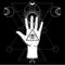 Human hand holds a sacred pyramid of knowledge, an all-seeing eye.