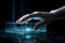 human hand on a holographic data protection box in a data server. cybersecurity future concept. Generative AI