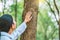 Human hand Hug and touching tree in the forest .people protect from deforestation and pollution or climate change Concept to love